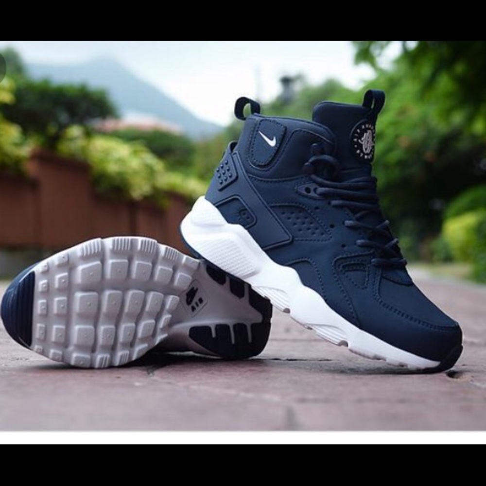 Nike huaraches, blue and white high tops
